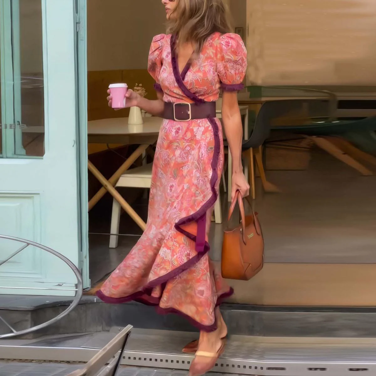 Élégance Rosée™ | Robe longue rose à manches courtes