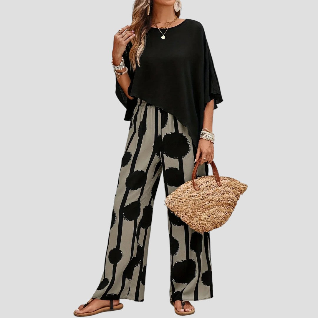 Milavie™ | Ensemble femme tendance avec top asymétrique et pantalon imprimé